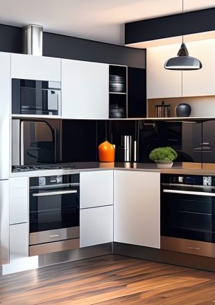 3d Illustration of black modern kitchen in a house with a beautiful design